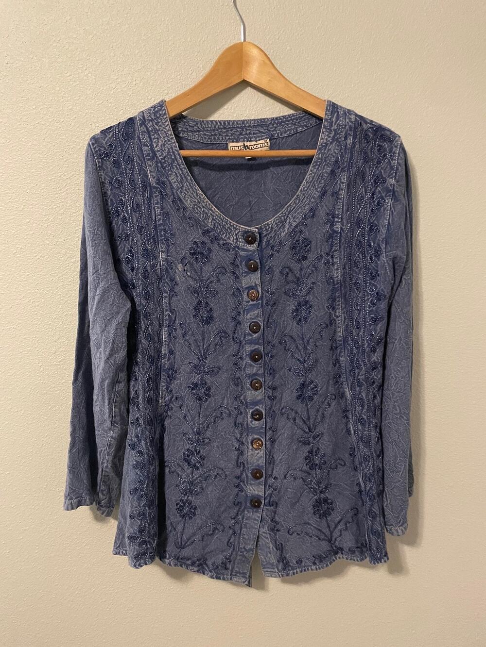 Vintage Mushrooms Tunic Womens S/M Blue Floral Embroidered Button Boho 90s FLAW